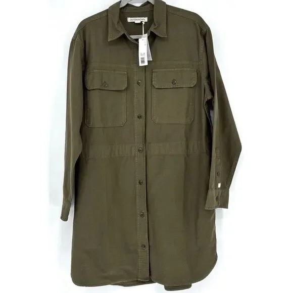 NWT Outerknown Sz L 100% Org Ctn Olive Cinched Adj Waist Btn Plts LS Shirt Dress - Picture 2 of 13